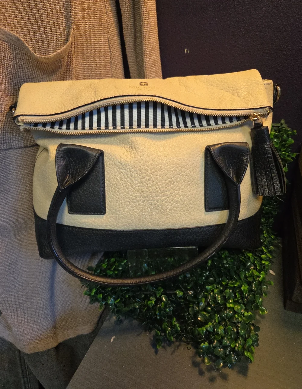 Buttermilk & Black Foldover Leather Southport Avenue Carmen Satchel- Kate Spade